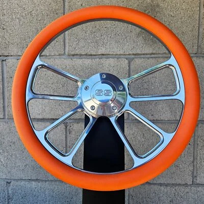 Volante Billet 14" 4 radios con envoltura de vinilo naranja y bocina SS Foto 1 de 4