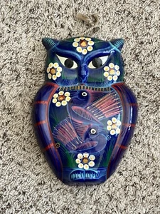Búho de arcilla mexicano de 10" de alto pintado a mano arte de pared decoración colgante - Imagen 1 de 13