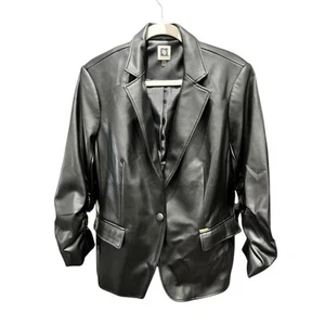 Anne Klein Women's Ruched Sleeve Black Pleather Jacket SIZE Large - Picture 1 of 7