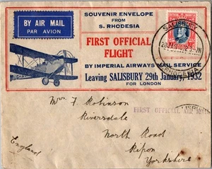 1932 Salisbury S Rhodesia Airmail First Flight Cover FFC to Yorkshire England - Picture 1 of 2