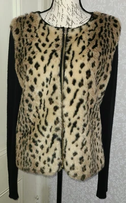 Ann Taylor full zip cardigan sweater, black knit w leopard faux fur front, sz L - Image 1 of 4