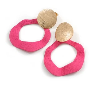 Off Round Textured Curvy Hoop Earrings in Gold Tone (Hot Pink Matt Finish) - - Picture 1 of 5