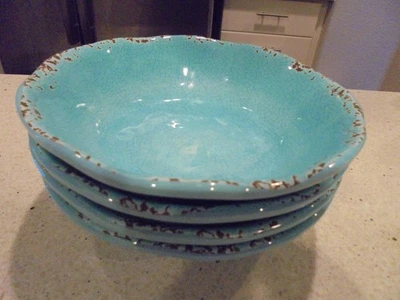 4 cuencos de sopa/ensalada/cereal Il Mulino turquesa Crackle de melamina perfecto estado Foto 1 de 3