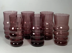 RARE Set of 6 Vintage Amethyst Ribbed Glass Tumblers 5 in. - Picture 1 of 9