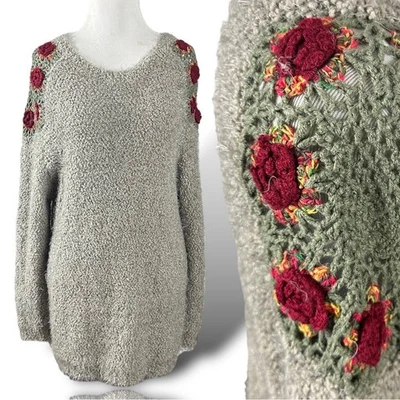 Easel Cottage Crochet Chunky Tunic Sweater Small Medium Floral Embroidered  - Image 1 of 4