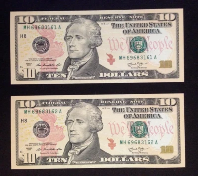 $10 TEN Dollar Bill Uncirculated 2013 Crisp Two Consecutive Numbers Bills - Image 1 of 4