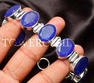 Blue Sapphire Gemstone 925 Sterling Silver Handmade Jewelry Bracelet 7-8" - Picture 1 of 6