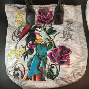 Christian Audigier Geisha And Rose Tote Bag Ed Hardy Silver w/Magnetic Closure - Picture 1 of 7