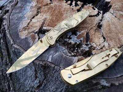Unicorn Gold Mirror Polished Thumb Stud EDC Frame Lock Pocket Knife Tip Up - Image 1 of 4