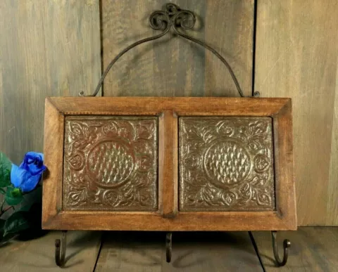 Antique French Wooden Wall Kitchen Coat Rack with Repousse Metal Plaques 3 Hooks Cover