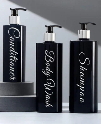 Juego de 3 botellas de champú acondicionador de lavado corporal plateado negro 500 ml decoración de baño Foto 1 de 2