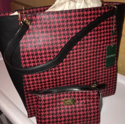 Nuevo con etiquetas Bolso de Mano Ralph Lauren Negro/Rojo Agdon Pata de Gallo y Muñequera/Estuche Cosmético Nuevo con Etiquetas Foto 1 de 4