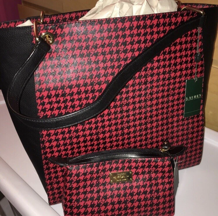 Nuevo con etiquetas Bolso de Mano Ralph Lauren Negro/Rojo Agdon Pata de Gallo y Muñequera/Estuche Cosmético Nuevo con Etiquetas Foto 1 de 4