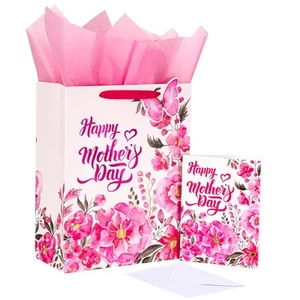 LeZakaa Mother's Day Gift Bag, Happy Mother's Day Lettering, Pink Floral, But... - Picture 1 of 7