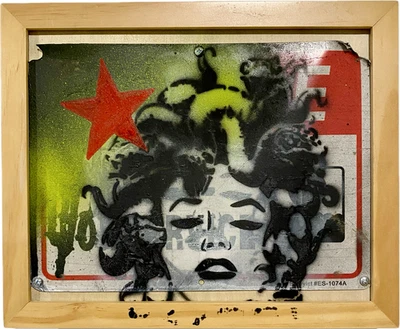 Banksy Graffiti Art Medusa Metal Street Sign Framed Painting - Image 1 of 4
