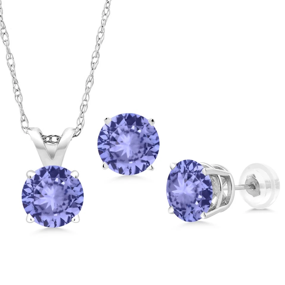 Conjunto de joyas pendientes colgantes de tanzanita de oro blanco de 14K para mujer | 1,38 Cttw | Foto 1 de 3