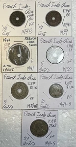 1930 - 1941 French Indo-China 1/2, 1, 5, 10 & 20 Cents 7 Coin Lot, Vietnam - Picture 1 of 16