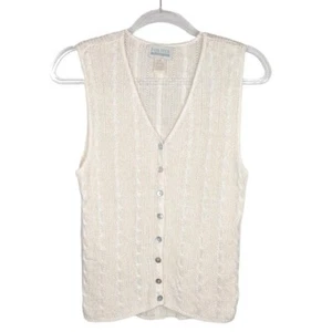 Van Heusen Sleeveless Sweater Ivory Vneck Abalone Shell Button Up size M - Picture 1 of 10