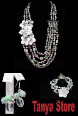 Conjunto de joyería collar pulsera pendientes con concha de jaspe verde perla gris Foto 1 de 4