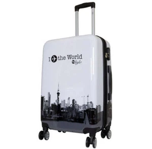 Hartschale Reisekoffer mittelgroß Trolley 4 Rollen Motiv Fly the world weiß - Bild 1 von 5