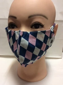 FACE MASK ~ POMCHIES ~ PINK BLUE ARGYLE ~ NAVY & PALE PINK STRAPS  ~ NEW - Picture 1 of 2