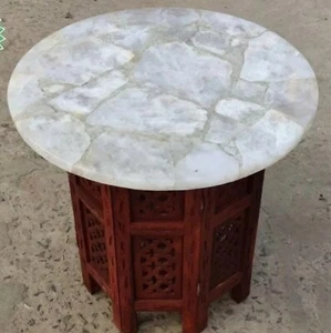 15" Luxury White Quartz Stone Round Coffee Tabletop Handmade Crystal Centerpiece - Picture 1 of 10