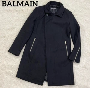 Balmain Quilted Long Coat Black Silver Cotton Lether Button Lined Zip XL Used - Picture 1 of 17