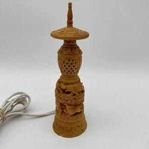 Hand Carved Wood Elephant Tiger Lion Tiki Desk Lamp Night Light India READ - Picture 1 of 13