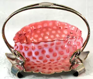 Antike opalisierende einzigartige Form Cranberry Glas Schale versilbert Halter - Bild 1 von 12