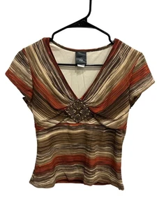 J.T.B Gestreiftes Kurzarm-Top V-Ausschnitt Braun Gr. Small Y2K Boho Erdtöne - Bild 1 von 9