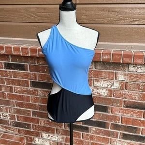 Traje de baño monokini de una pieza con recorte grande de bloques de colores azul de un hombro para mujer - Imagen 1 de 5