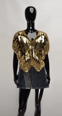 Vintage Y2K Fairy Butterfly Full Gold Sequin Beaded Silk Blouse Top OS - Image 1 of 4