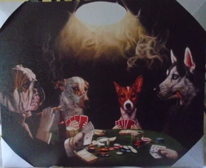 4 PERROS JUGANDO CARTAS/JUEGOS DE AZAR por Lucia Heffernan arte de pared 19X15 NUEVO - Imagen 1 de 6