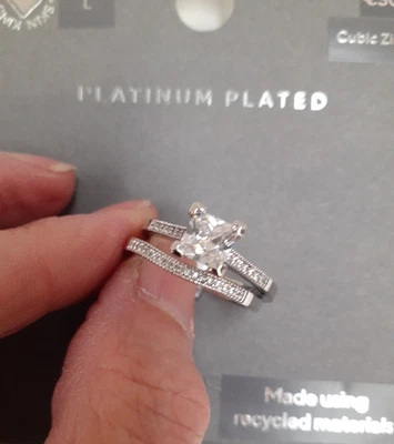 Women’s Paltinum Plated Cubic Zirconia Engagement/Wedding Ring TWO Piece Set - Image 1 of 4