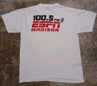 Vintage ESPN Madison 100.5FM Radio Double-Sided T-Shirt Size Large 21" x 29" - Image 1 of 4