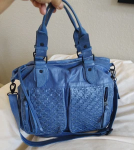 ELLIOT LUCCA BLUE WOVEN LEATHER LARGE TOTE BAG W/ LONG STRAP - Picture 1 of 10