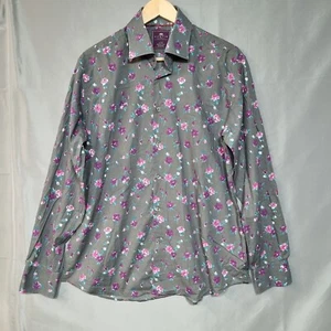 Hawes & Curtis Men's Shirt Large Gray Floral Slim Fit Button-Up Long Sleeve - Picture 1 of 9