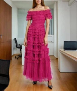 Damen 2024 Mode Schulterfrei Gepunktet Falbala Netz Lang Ausgestellt Kleid 9030 - Bild 1 von 9
