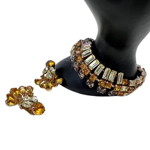 Vtg Yellow Topaz Baguette Round Crystal Bracelet Earrings Unsigned Kramer? - Picture 1 of 21