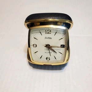 ClockDe Ville Travel Alarm Wind Black Clam Shell Case Untested Vintage - Picture 1 of 15
