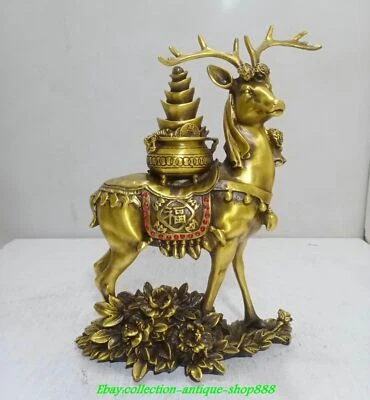 Old Chinese Brass Gems Fengshui Wealth Deer Sika deer Coin Yuanbao Animal Statue - Image 1 of 4