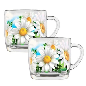 DAISY SET OF 2 Glass Mug Tea Coffee Cup Teacup Durable Top Quality 10 oz ea - Picture 1 of 8