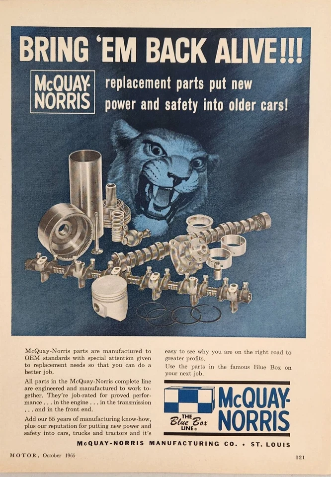 Anuncio impreso McQuay-Norris 1965 piezas de repuesto de coche Blue Box Line St Louis, MO Foto 1 de 1
