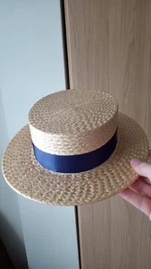 Ladies Straw Boater Hat with Navy Blue Band - hat size 6.5 or 52cm (small) - Picture 1 of 1