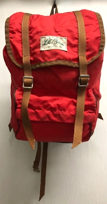 LL BEAN VNTG SMALL DAY PACK ~ BACKPACK RED NYLON BROWN TRIM 1950s - 60s SCRIPT S - Image 1 of 4