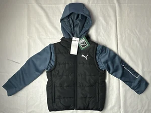 NEW W/Tags Puma Youth Jacket Puffer Vest Combo Black Blue Hooded Zip Size 4 WoW - Picture 1 of 10