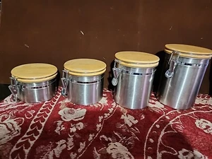 Set Of 4 Stinless Steel And Wooden Locking Cannister #DEC9 - Picture 1 of 6