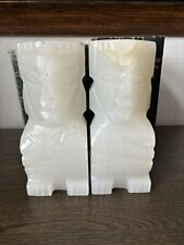VTG Carved Pair Aztec Southwestern Bookends White Onyx Stone Read