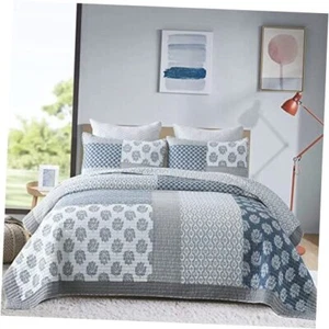 Quilts Queen Size, 100% Cotton Lightweight Soft Queen Quilt, Blue Grey White - Picture 1 of 7