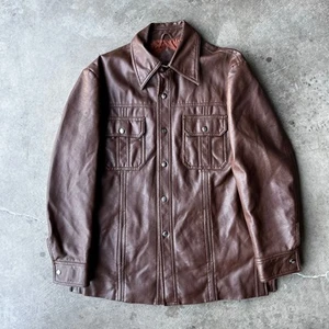 VINTAGE WEEKENDER BROWN LEATHER JACKET COAT SHIRT POINTED COLLAR LARGE 80S FAUX - Picture 1 of 5